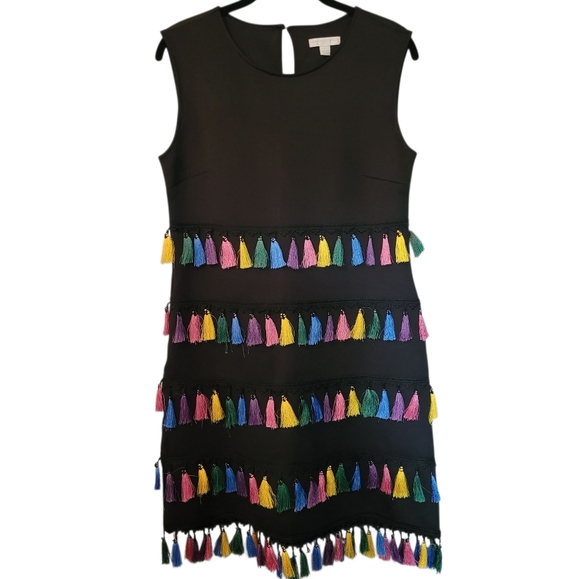 New York & Company Black Sleeveless Pullover Stretch Dress Colorful Tassels M - Picture 1 of 13